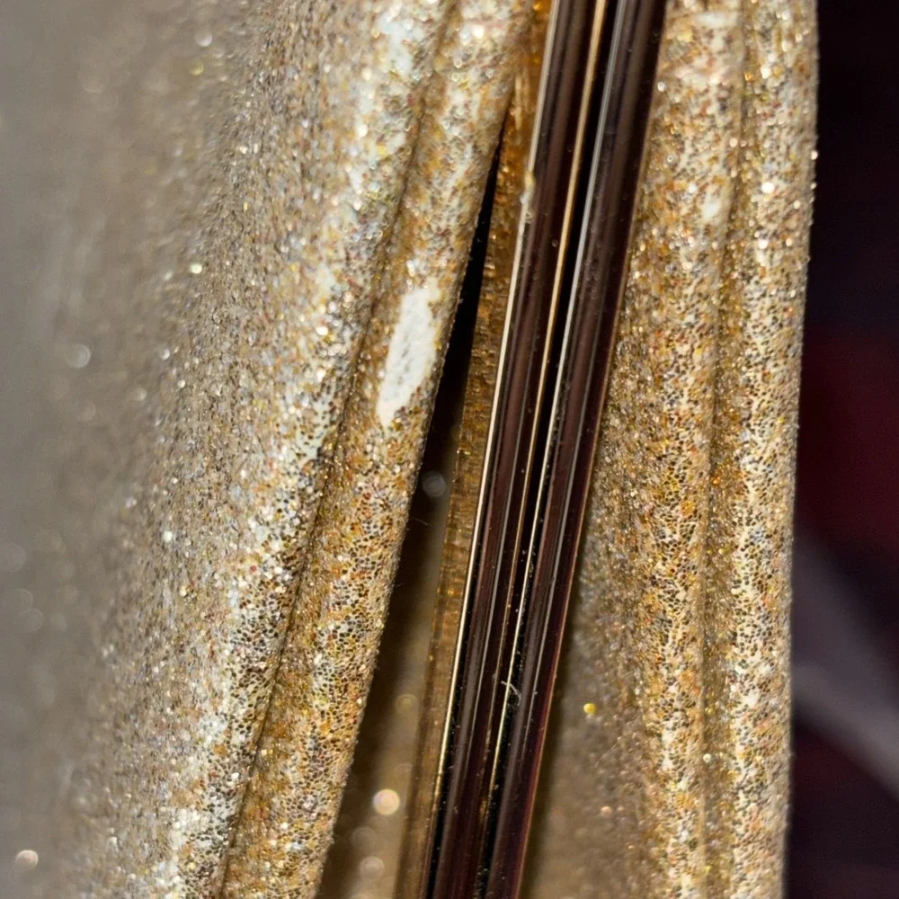 Gold Metallic Glitter Frame Crossbody Clutch Evening Bag Rhinestone Bow Clasp EC
